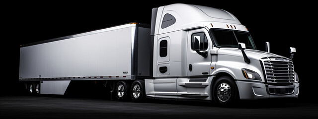 A brand new white freightliner truck with a trailer, parked in a parking lot, ready for professional use.. Generative Ai