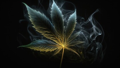 Marijuana or weed leaf with smoke on dark background, marihuana joint generative ai concept