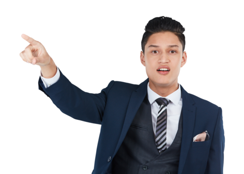 Portrait, business man and shocked while pointing hand at space for marketing or advertising mockup. Face of worried male corporate worker show gesture for wow review, presentation or announcement