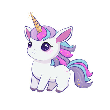 Cute baby unicorn isolated on white background. Cartoon vector illustration.