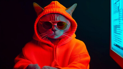 Cat hacker in an orange sweatshirt and glasses.