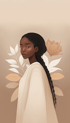 minimalist fictional female profile, style digital illustration, boho, neutral shades, isolated, ai generative