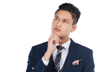 Businessman doubt, thinking and ideas or choice isolated on transparent png background in thought. Idea, corporate or man contemplating a strategy, decision or plan for a business solution or problem