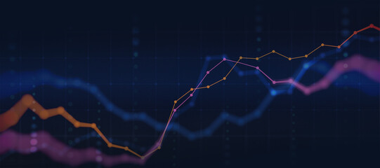 Financial graph with up trend line chart in stock market on neon color Widescreen background
