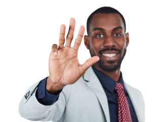 Four, business and black man counting, hand and sign language in portrait, isolated against transparent background. Face, male employee or consultant with fingers, communication or png with symbol
