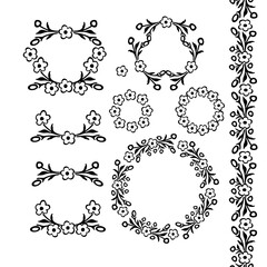 Black and white simple floiral frame. Vector set