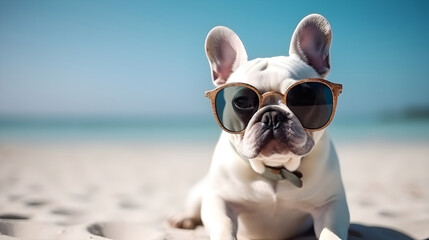 Obraz na płótnie Canvas French bulldog wearing sunglasses on paradise beach with white sand. AI generative