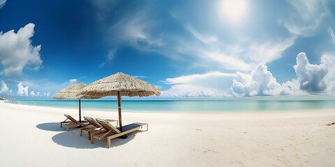 Beautiful beach banner. White sand, csunbeds and umbrella travel tourism wide panorama background concept. Amazing beach landscape. Generative AI