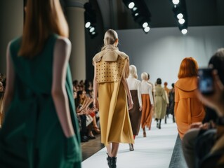 A woman walking down a runway in a yellow dress. AI generative image.