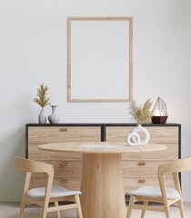 Dining room and kitchen copy space and frame for mockup on white background, front view,3D rendering.