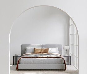 3D rendering minimal style bedroom with white wall ,wooden floor,big window ,empty wall for copy space,mockup frame
