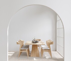 Dining room and kitchen copy space and frame for mockup on white background, front view,3D rendering.