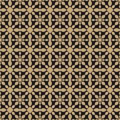 Vector ornamental seamless pattern. Simple gold and black floral ornament with small curved shapes, grid, lattice, mesh, flower silhouettes, tiles. Elegant golden background. Repeat decorative design