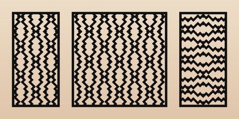 Laser cut pattern set. Vector abstract geometric ornament, grid, chevron, zigzag lines. Modern ethnic style panels. Decorative stencil for CNC cutting of wood, metal, plywood. Aspect ratio 1:1, 1:2