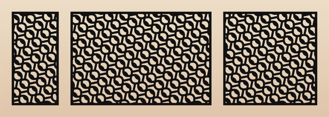 Laser cut patterns collection. Vector set with abstract geometric texture, curved grid, wavy lattice, mesh. Modern panels. Decorative stencil for CNC cutting of wood, metal. Aspect ratio 1:2, 3:2, 1:1