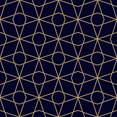 Vector minimalist geometric seamless pattern with thin lines, diamond grid, lattice. Subtle gold and black texture with triangles, rhombuses. Luxury golden minimal background. Simple repeat design