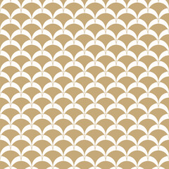 Vector golden geometric seamless pattern in art deco style. Simple abstract background with curved shapes, fish scale, peacock ornament, mesh, grid. Stylish gold texture. Repeated luxury geo design