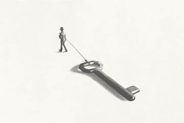 Illustration of man dragging a big heavy key, access surreal abstract concept