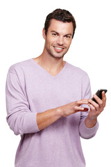 Smile, phone and portrait of a man on social media or typing on a smartphone to search internet or web. Happy male person using mobile communication isolated in a transparent or png background