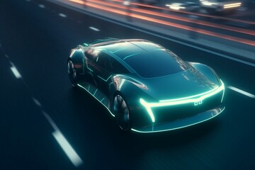 Obraz na płótnie Canvas A fancy car driving on highway. 3D. AI Generated. 