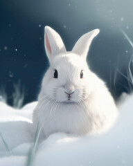 Cute little rabbit on white snow. Generative AI illustration