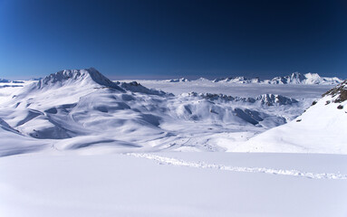 winter high mountain landscape, ski resort, French Alps - 594743138