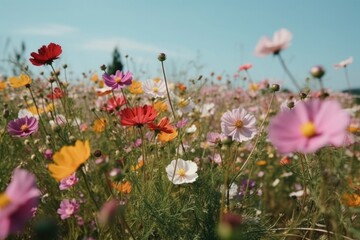 Fototapeta premium Photo of colorful flowers in a field on sunny day