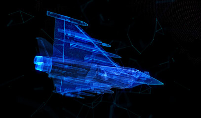 Fototapeta na wymiar Military Jet. Blue particle and lines form 3d model Air plane. Virtual visualization aviation air force