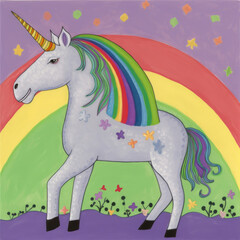 Cartoon unicorn and rainbow. Kid's drawing style. Generative AI illustration