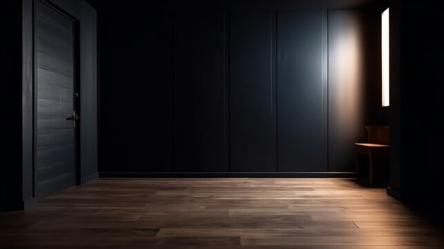 Empty light dark wall with beautiful chiaroscuro and wooden floor. Minimalist background for product presentation, mock up