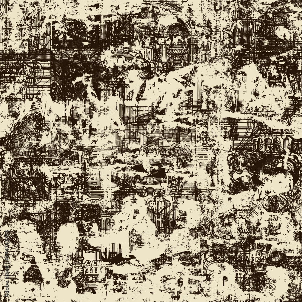 Poster abstract grunge seamless pattern with chaotic layering of vintage architectural elements and old bui