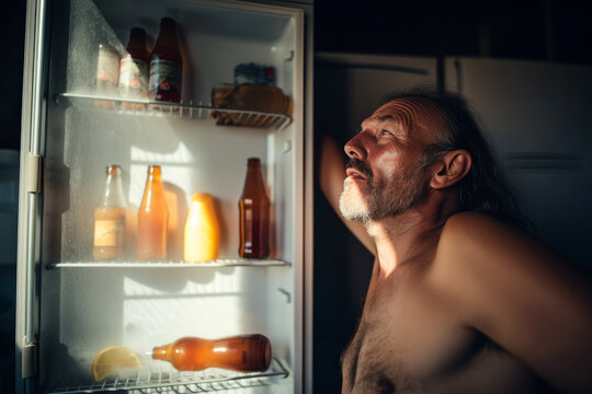 Mann kühlt sich an einem heißen Sommertag am Kühlschrank ab - Generative AI