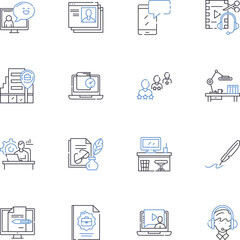 Virtual work line icons collection. Remote, Telecommuting, Digital, Online, Virtual, Distance, Web-based vector and linear illustration. Cyber,Teleworking,E-work outline signs set