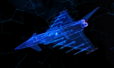 Fighter jet. Glow particles airplane. Virtual Air plane. Aviation air force technology