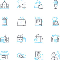 Town linear icons set. Community, Charm, History, Culture, Tradition, Heritage, Identity line vector and concept signs. Character,Quaint,Peaceful outline illustrations