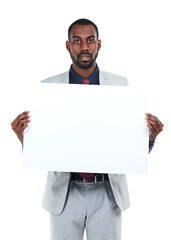 Portrait, black man and poster space isolated on a transparent, png background. Male business person show banner, billboard or paper mockup for advertising promotion, logo or brand opportunity