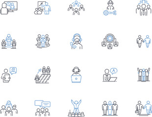 Office Staff line icons collection. Administration, Clerical, Communication, Cooperation, Customer Service, Deadline-oriented, Detail-oriented vector and linear illustration. Efficiency,Email,Filing