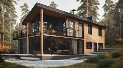 Fototapeta premium Scandinavian and modern vibe house exterior with panoramic windows, AI generated 