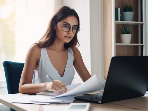 Junge sympathische Frau arbeitet von zuhause aus im home Office. Online-Zahlungen und Finanzberechnungen auf dem Laptop, generative AI.