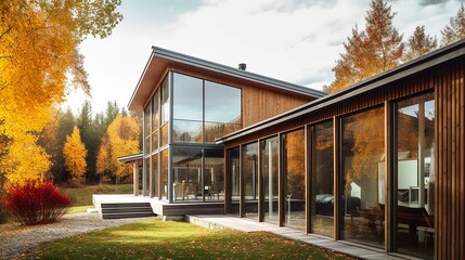 Modern and nordic style luxury house exterior panoramic windows, AI generated with panoramic windows