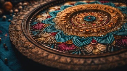 colorful designs of a mandala, which is often used in Ayurveda as a tool for meditation and balance.