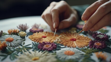 Close-up of a woman's hands embroidering a flower/Generative AI