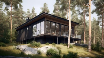 Fototapeta na wymiar Nordic style airy and light house exterior with wooden details, AI generated 