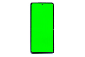 Celular con pantalla verde, en fondo blanco full horizontal, sin funda
