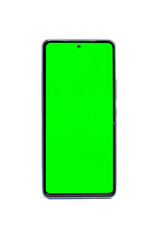 Celular con pantalla verde, en fondo blanco full, vertical, sin funda