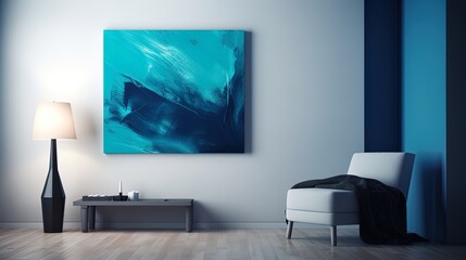 Online webinar Zoom room background in a modern and contemporary minimalist gallery style with pops of blue color in big art. Created using generative AI.