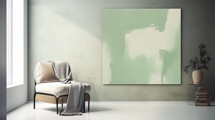 Online webinar Zoom room background in a modern and contemporary minimalist gallery style with pops of pastel sage green color in big art. Created using generative AI.
