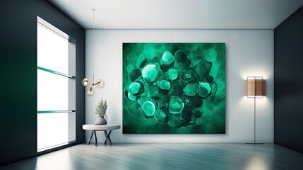 Online webinar Zoom room background in a modern and contemporary minimalist gallery style with pops of emerald green color in big art. Created using generative AI. - obrazy, fototapety, plakaty