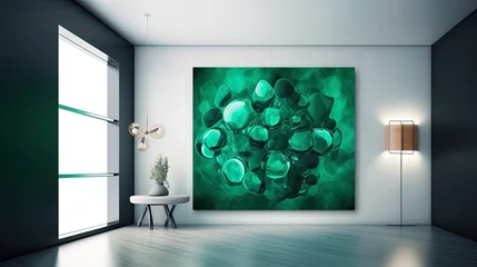 Poster Online webinar Zoom room background in a modern and contemporary minimalist gallery style with pops of emerald green color in big art. Created using generative AI. © Andrea