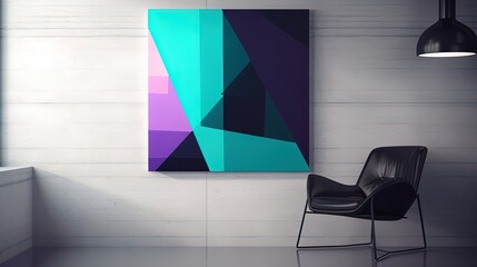 Online webinar Zoom room background in a modern and contemporary minimalist gallery style with pops of purple and teal color in big art. Created using generative AI.